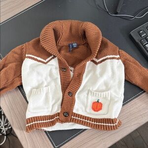 Janie and jack Brown and White Baby Cardigan with Pumpkin Patch